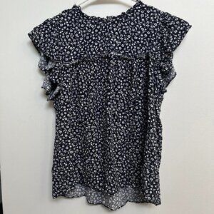 Navy & white floral Reformation ruffle sleeveless blouse!